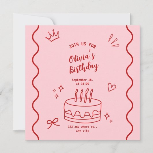 Rode en roze verjaardag save the date (Voorkant)