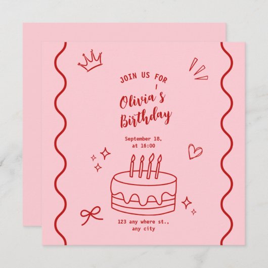 Rode en roze verjaardag save the date (Voorkant / Achterkant)