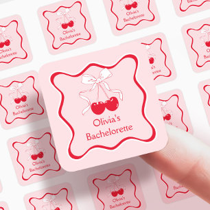 Rode en Roze Wavy Bow Cherry Op Top Favoriet Vierkante Sticker