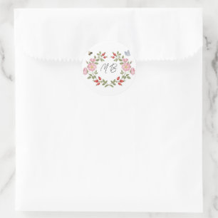 Rode en Roze Wilde Bloemen Bessen Bloemige Monogra Ronde Sticker
