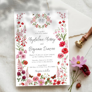 Rode en Roze Wilde Bloemen Whimsical Weide Huwelij Kaart
