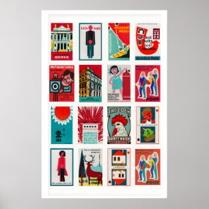 Rode en Teal luciferdoosje labelcollage, koele con Poster