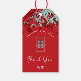 Rode en turkooizen bamboe bladeren Chinese bruilof Cadeaulabel