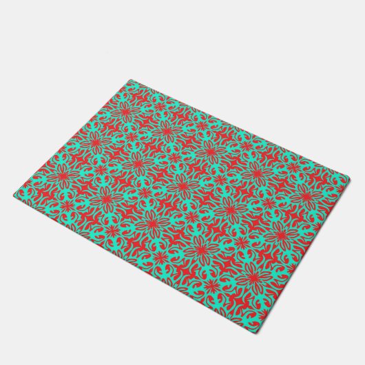 Rode en turquoise bloemen deurmat (Schuin)