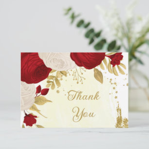rode en witte bloemen gouden botanische bruiloft bedankkaart