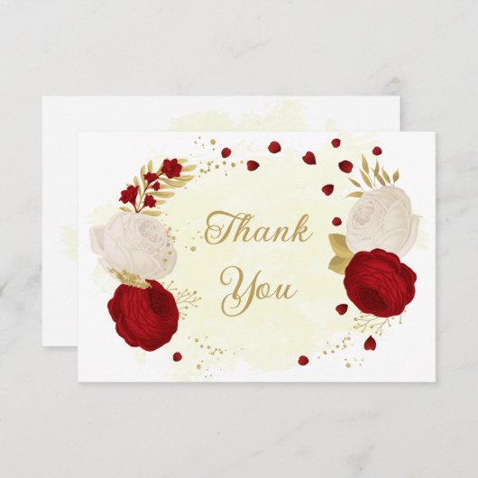 rode en witte bloemen gouden botanische bruiloft bedankkaart (Voorkant / Achterkant)