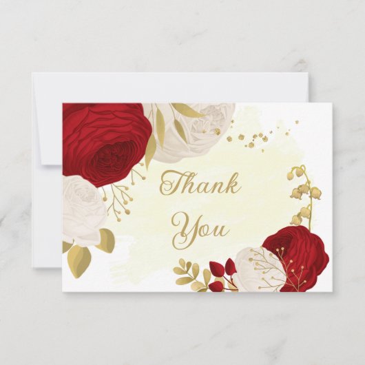 rode en witte bloemen gouden botanische bruiloft bedankkaart (Voorkant)