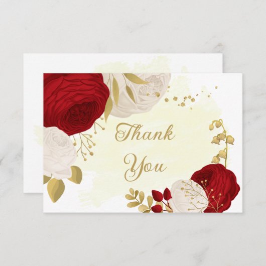 rode en witte bloemen gouden botanische bruiloft bedankkaart (Voorkant / Achterkant)