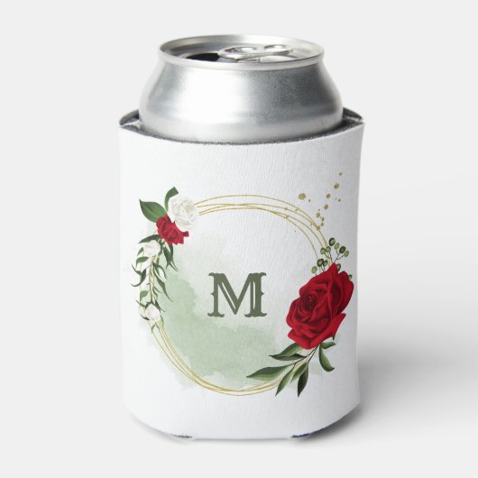 Rode en witte bloemen groen botanisch monogram blikjeskoeler (Blikje Voorkant)