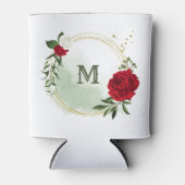 Rode en witte bloemen groen botanisch monogram blikjeskoeler (Voorkant)