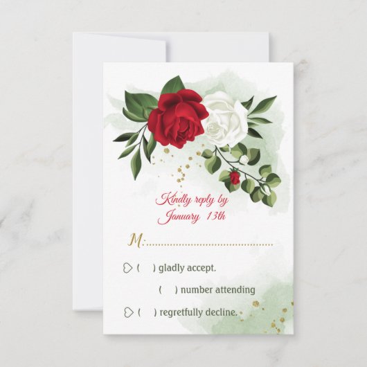 rode en witte bloemen groen RSVP kaartje (Voorkant)