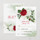 rode en witte bloemen groen RSVP kaartje (Voorkant / Achterkant)