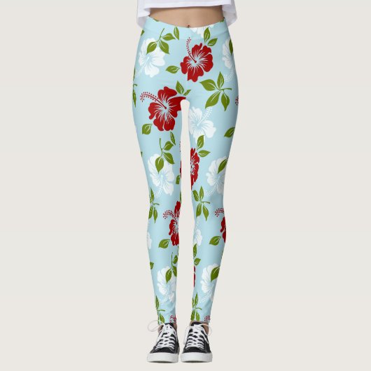 Rode en witte bloemen leggings (Voorkant)
