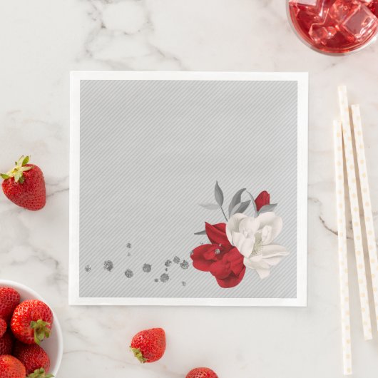 rode en witte bloemen op grijze achtergrond bruilo servet (Insitu)