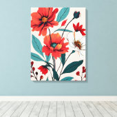 Rode en witte bloemen op roze achtergrond canvas afdruk (Insitu (Houten vloer))