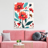 Rode en witte bloemen op roze achtergrond canvas afdruk (Insitu (Woonkamer))