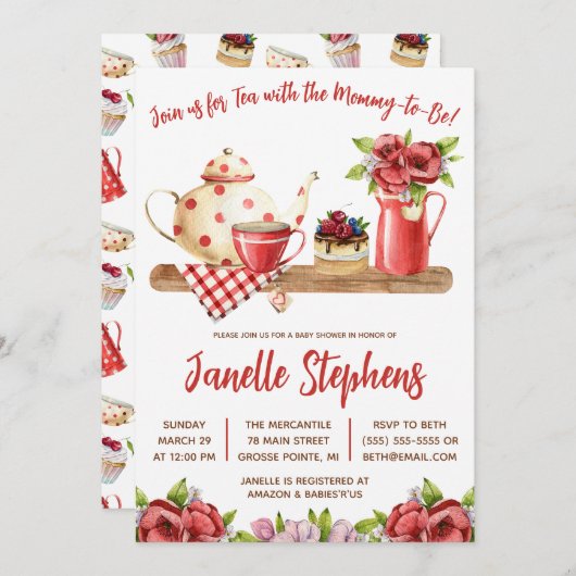 Rode en witte bloemen, Sweet Tea Party Baby shower Kaart (Voorkant / Achterkant)