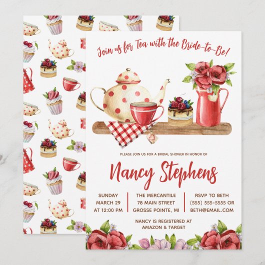 Rode en witte bloemen, Sweet Tea Party Vrijgezelle Kaart (Voorkant / Achterkant)