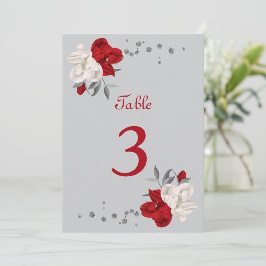 rode en witte bloemen tabelnummer kaart (Staand voorkant)
