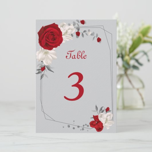 rode en witte bloemen tabelnummer kaart (Staand voorkant)