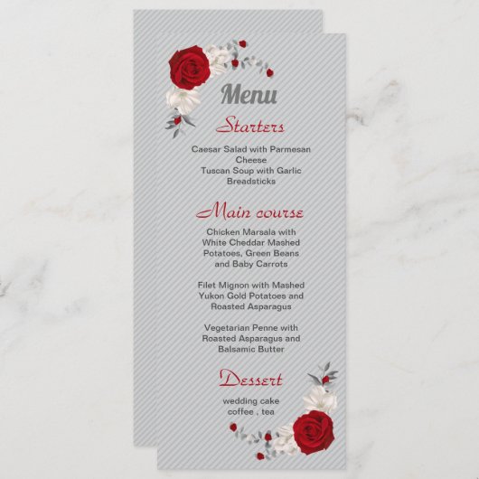 rode en witte bloemen zilverbladeren bruiloft menu (Voorkant / Achterkant)