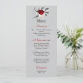rode en witte bloemen zilverbladeren bruiloft menu (Staand voorkant)