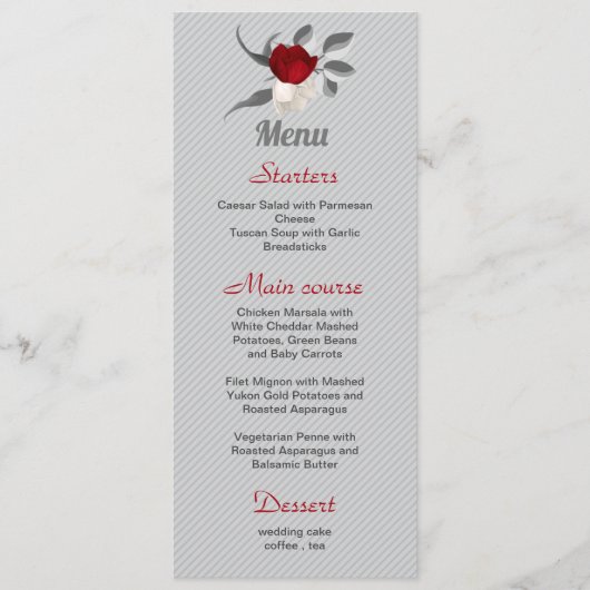 rode en witte bloemen zilveren bladeren bruiloft menu (Voorkant)