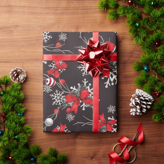Rode en witte bogen sierplanten Snowflakes op zwar Cadeaupapier (Feestdagen Geschenken)