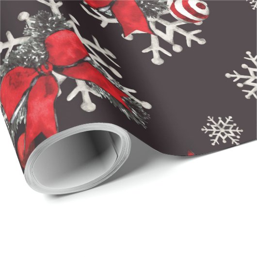 Rode en witte bogen sierplanten Snowflakes op zwar Cadeaupapier (Rol Hoek)