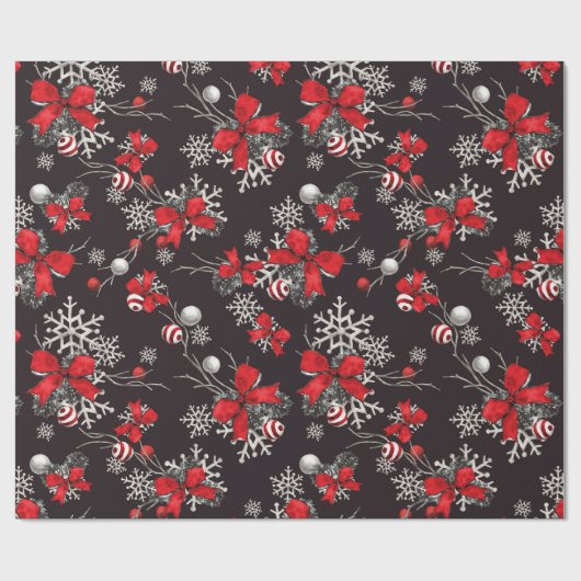 Rode en witte bogen sierplanten Snowflakes op zwar Cadeaupapier (Vlak)