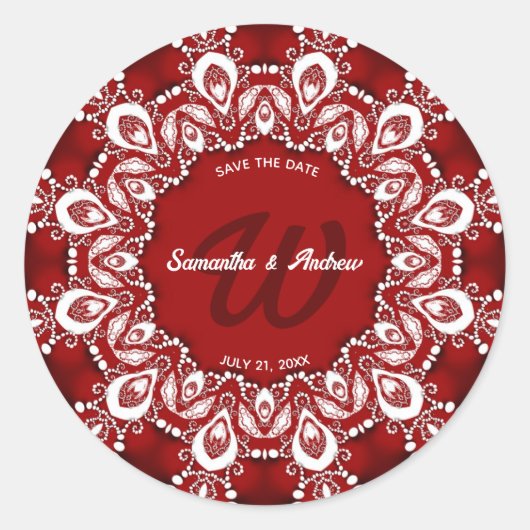 Rode en witte Boheemse kant Bewaar de datum Ronde Sticker (Voorkant)