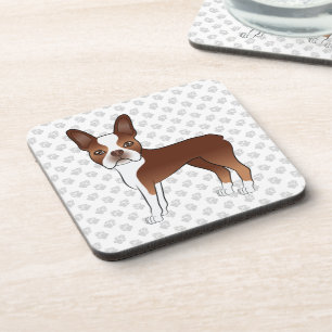 Rode En Witte Boston Terrier Cartoon Hond & Pootaf Bier Onderzetter
