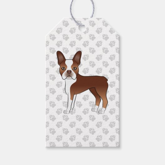 Rode En Witte Boston Terrier Cartoon Hond & Pootaf Cadeaulabel (Voorkant)