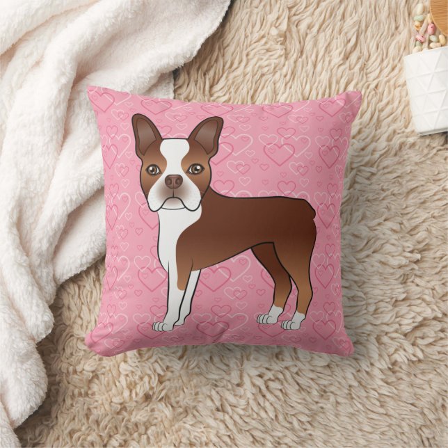 Rode En Witte Boston Terrier Hond Op Roze Harten Kussen (Deken)