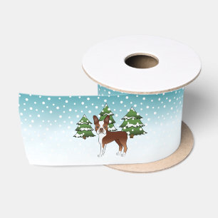 Rode En Witte Boston Terrier In Een Winterbos Satijnen Lint