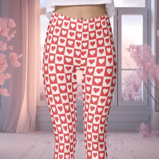 Rode en witte Checkerboard Heart Valentijnsdag Leggings