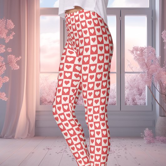 Rode en witte Checkerboard Heart Valentijnsdag Leggings