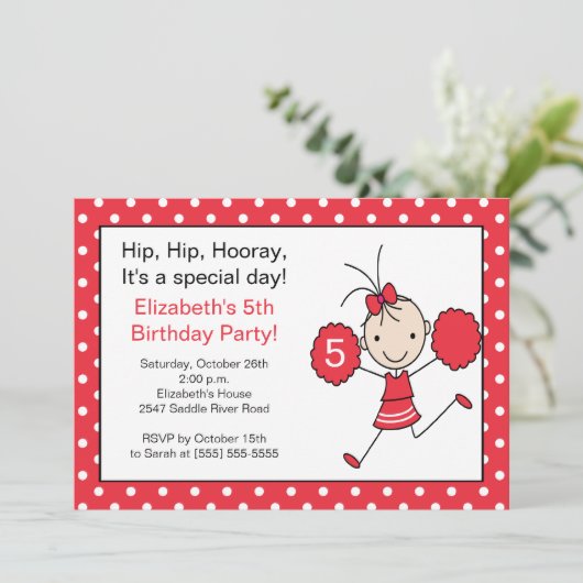 Rode en witte Cheerleader Cheer Birthday Uitnodigi Kaart (Staand voorkant)