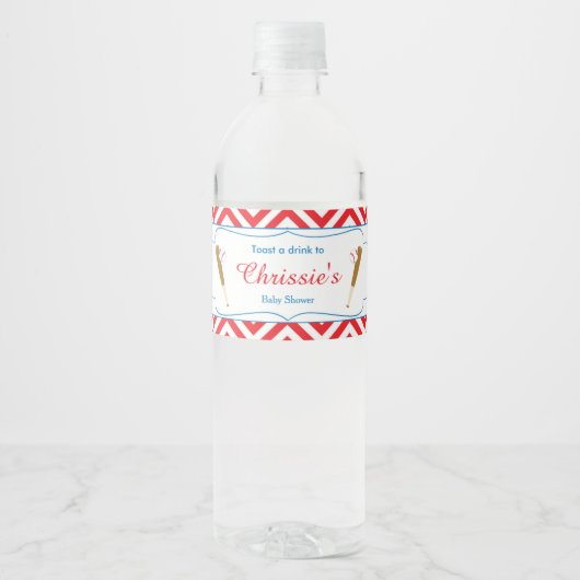 Rode en Witte Chevron Honkbal Baby Waterfles Etiket (Voorkant)