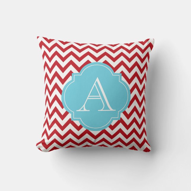 Rode en witte Chevron Stripes Blue Monogram Pillow Kussen (Voorkant)