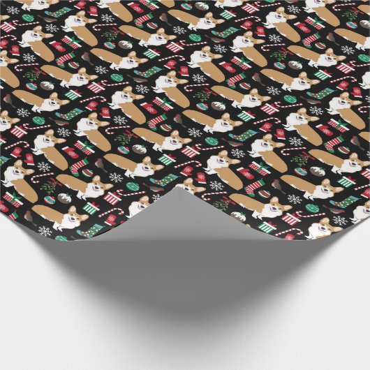 Rode en Witte Corgi Kerst Kerststokken Zwart Cadeaupapier (Hoek)