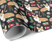 Rode en Witte Corgi Kerst Kerststokken Zwart Cadeaupapier (Rol Hoek)