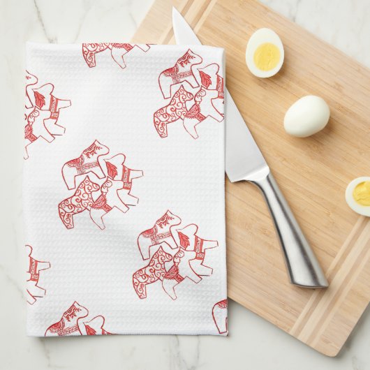 Rode en witte Dala Horses Keukenhanddoeken (Quarter Fold)