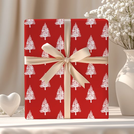 Rode en Witte Dennenbomen Kerstmis Cadeaupapier