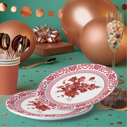  rode en witte Floral Papieren Bordje (Multi)