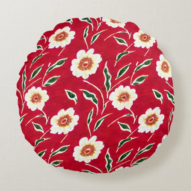 Rode en witte Floral Rond Kussen (Voorkant)