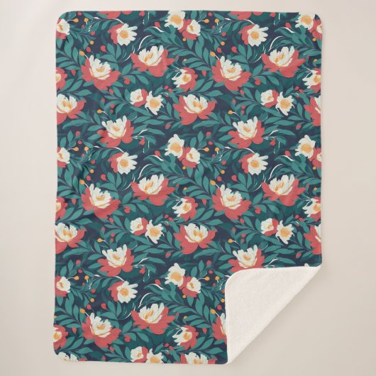 Rode en witte Floral Sherpa Deken (Voorkant)