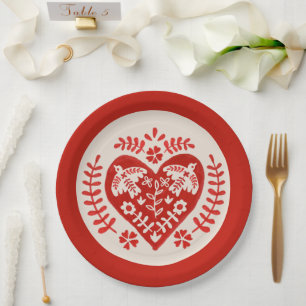 Rode en witte folk kunst hart papieren bordje