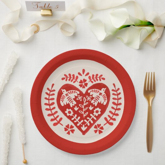 Rode en witte folk kunst hart papieren bordje (Huwelijk)