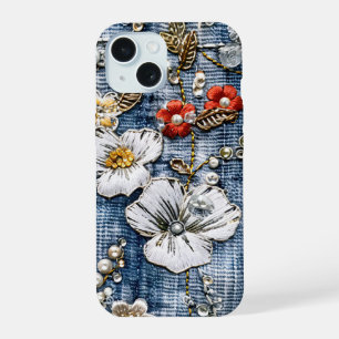 Rode en Witte Geborduurde Bloemen op Denim iPhone 15 Case